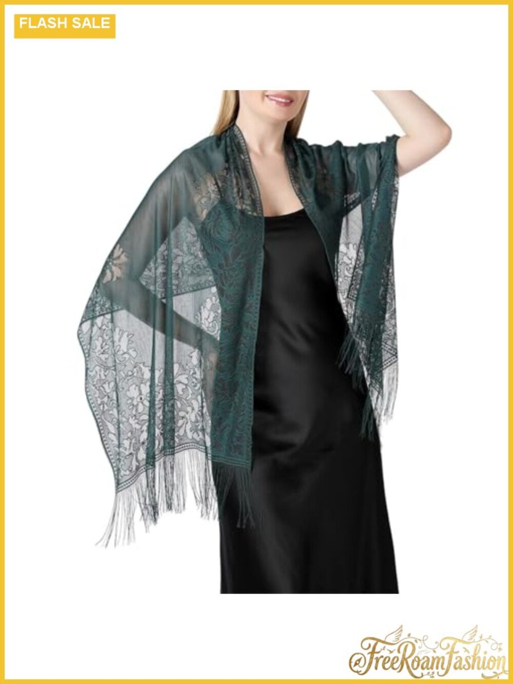 Victorian Floral Lace Shawl Wrap with Fringe Sheer Mesh Women's